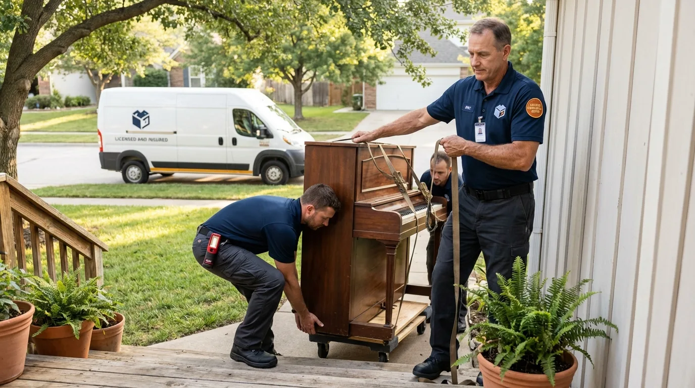 Licensed piano movers securing grand piano in Mexico, NY