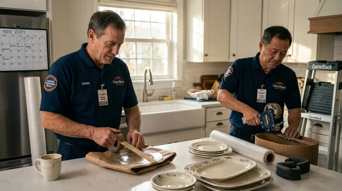 Professional crew packing kitchen dishware in Mexico, NY